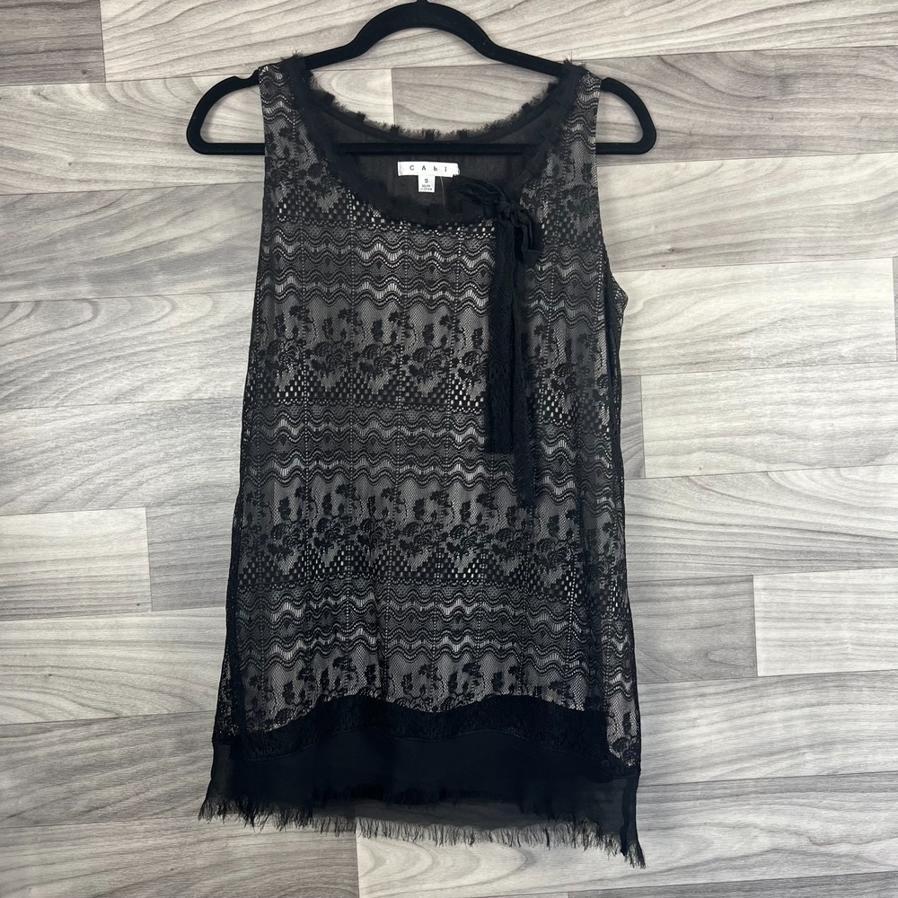 CAbi Tank Top Women's Small Black Lace Overlay Raw-Hem Bow Detail Witchy Career